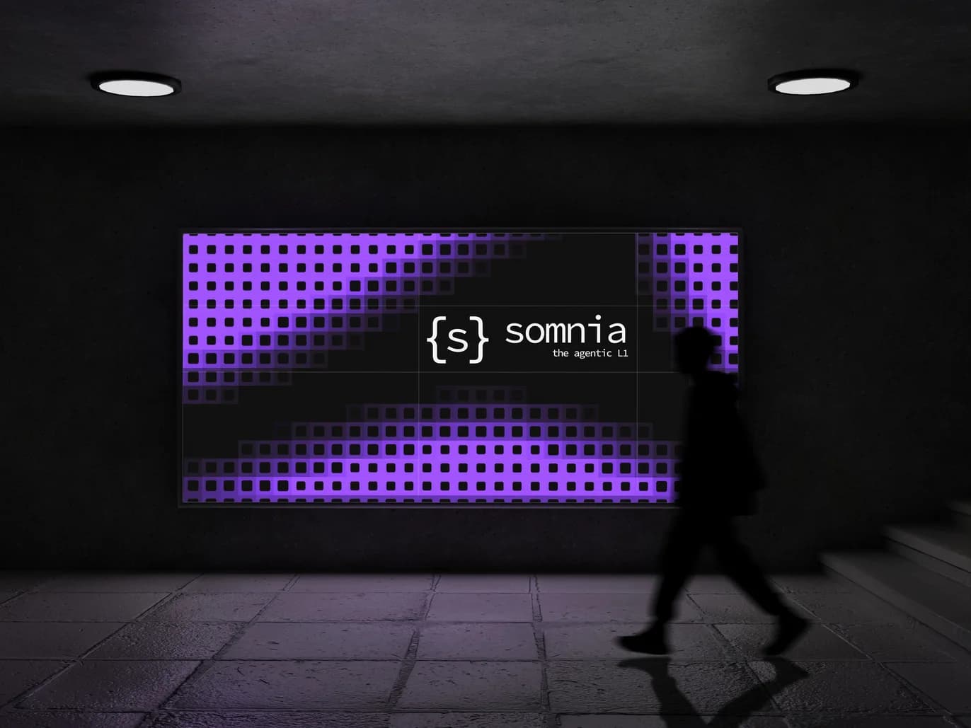 After. The {s} identity on an underpass billboard, someone walking past