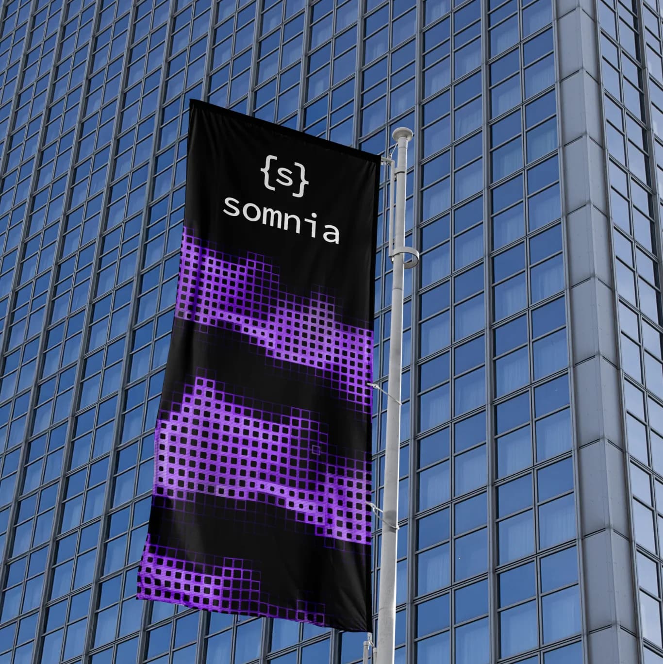Dithered Somnia banner on a pole in front of a glass tower