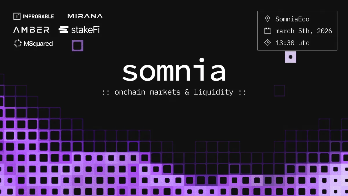 Somnia, onchain markets and liquidity, over a purple grid