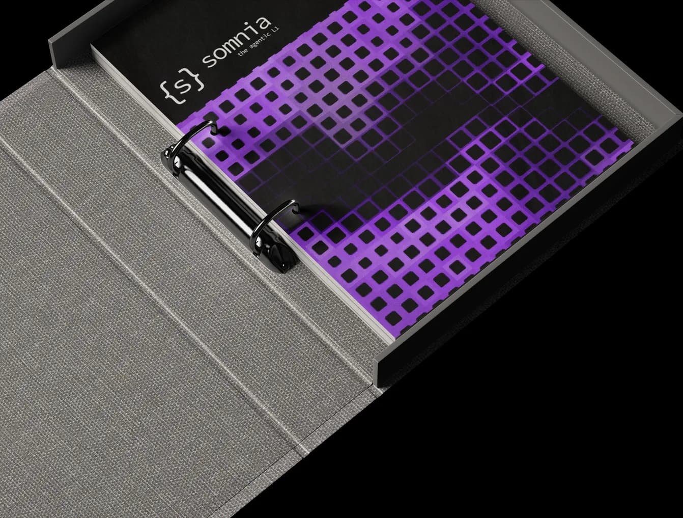 Somnia binder open on a dithered purple sheet