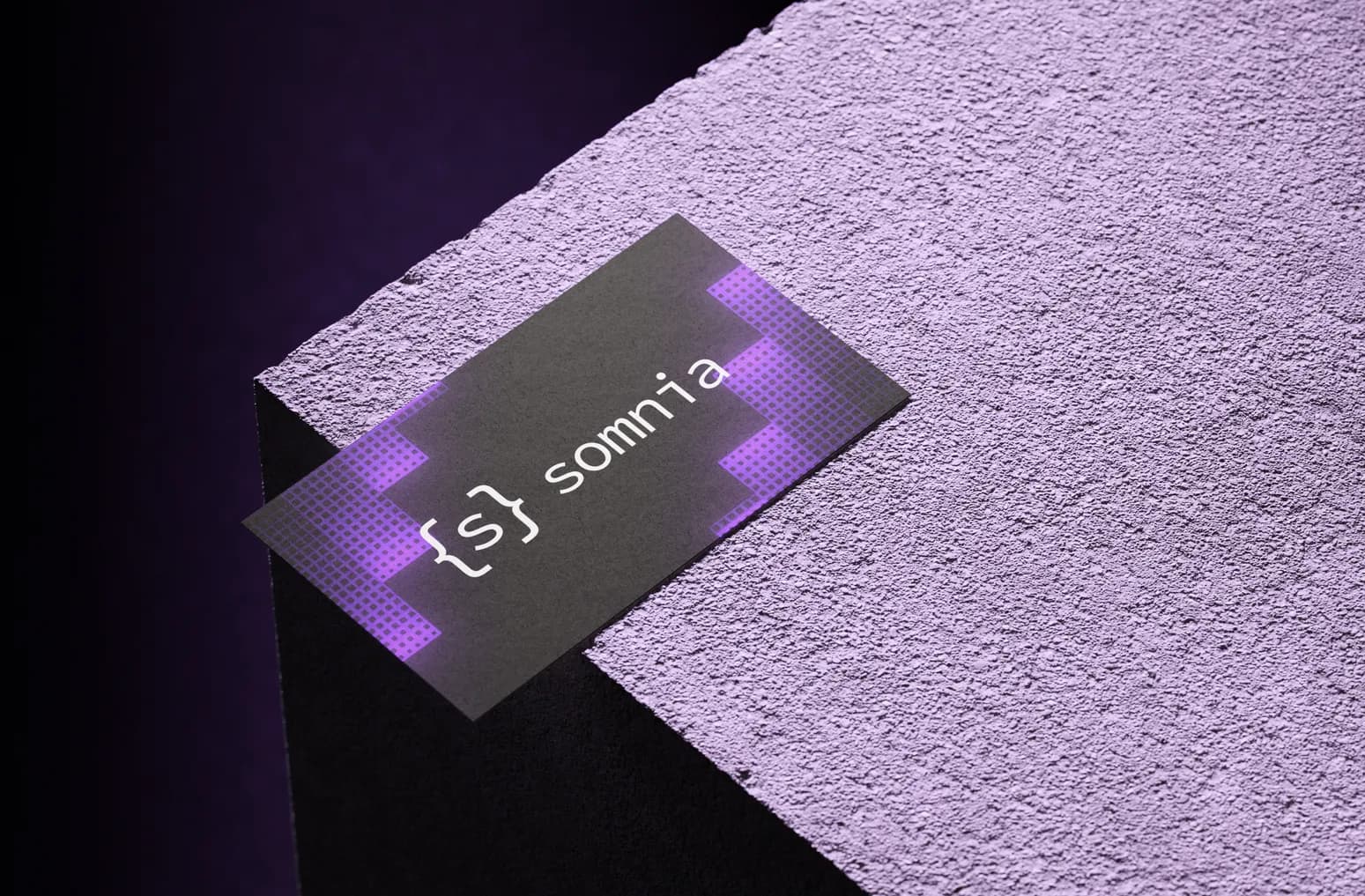 Somnia business card on a lilac stone