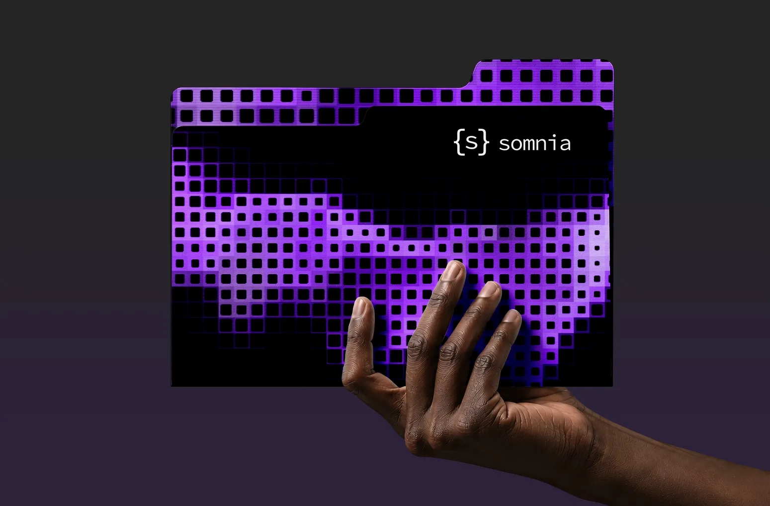 A hand holding a dithered purple Somnia folder