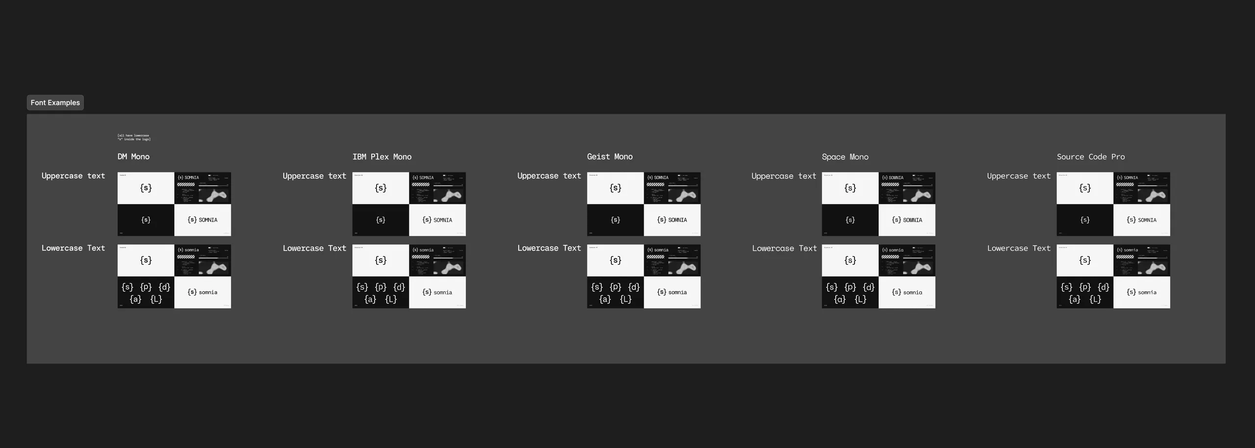 Five monospaces tried on the {s} mark and its sub-brands: DM Mono, IBM Plex Mono, Geist Mono, Space Mono and Source Code Pro