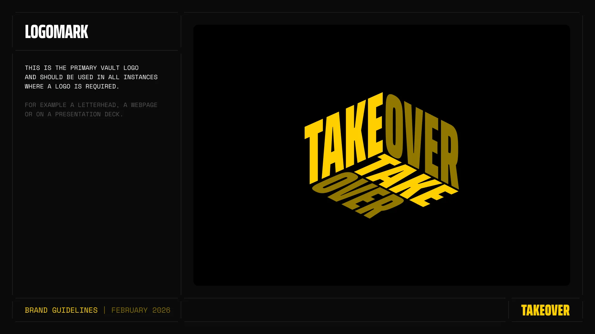The logomark: TAKE and OVER folded into a box, in yellow on black