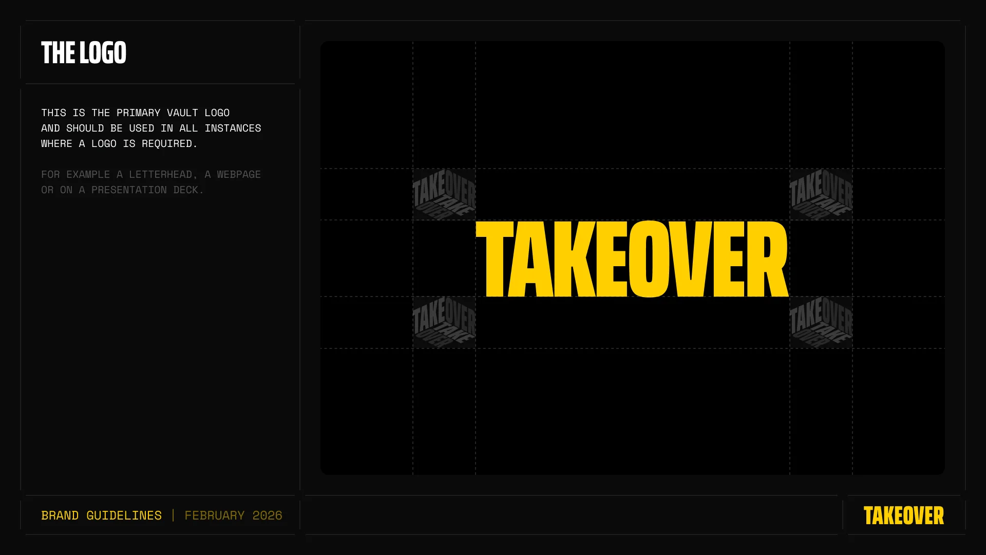 The Takeover wordmark in yellow on black, on its grid