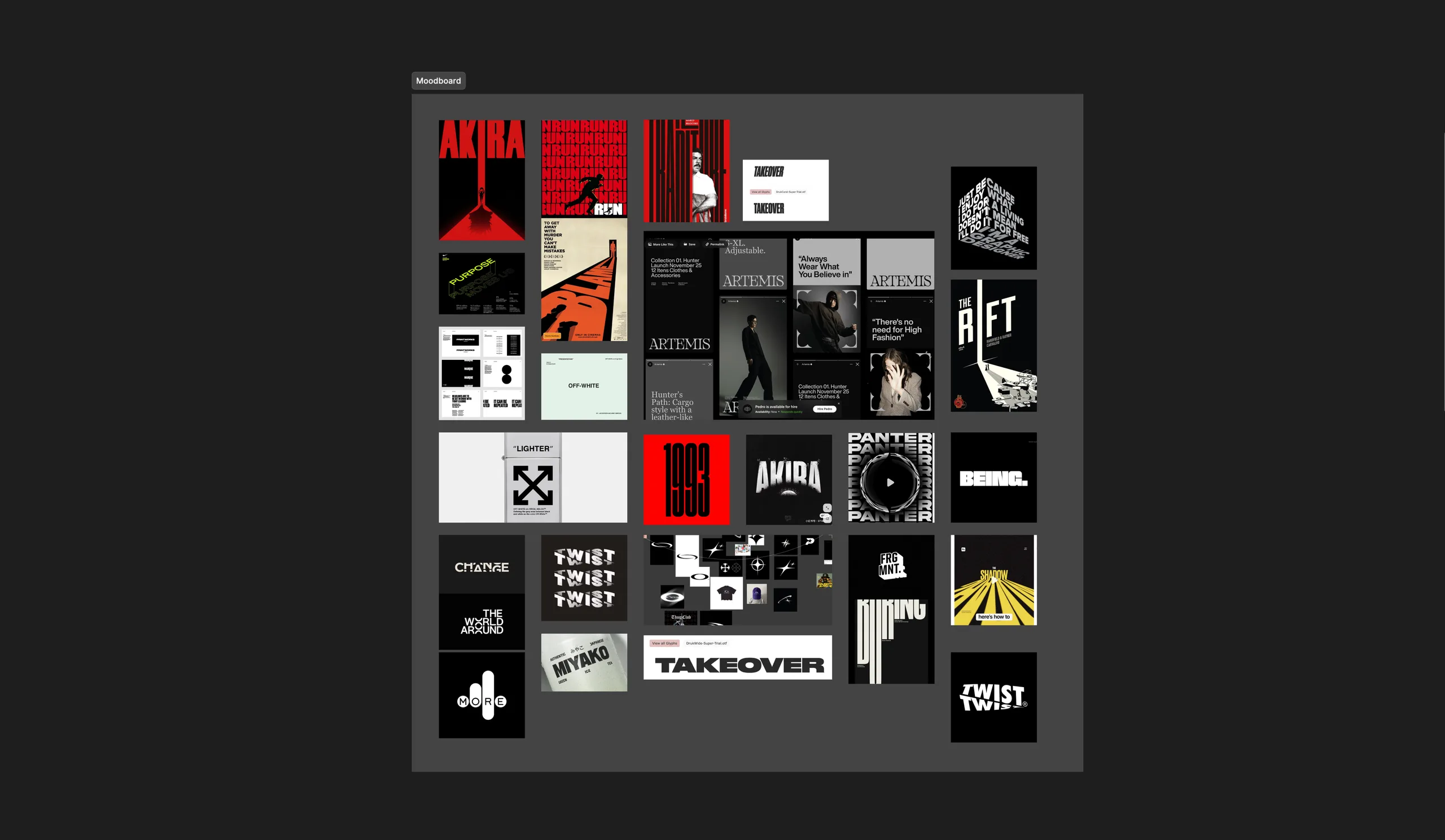 Moodboard: streetwear, poster and film references in red, black and yellow