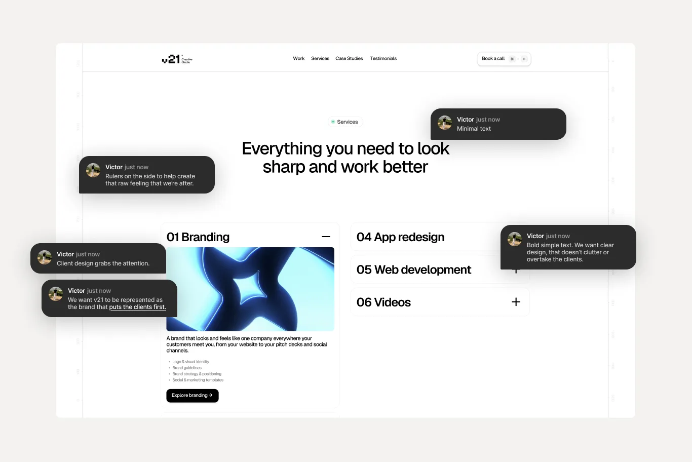 Brand principle board. Minimal frame, client work in front