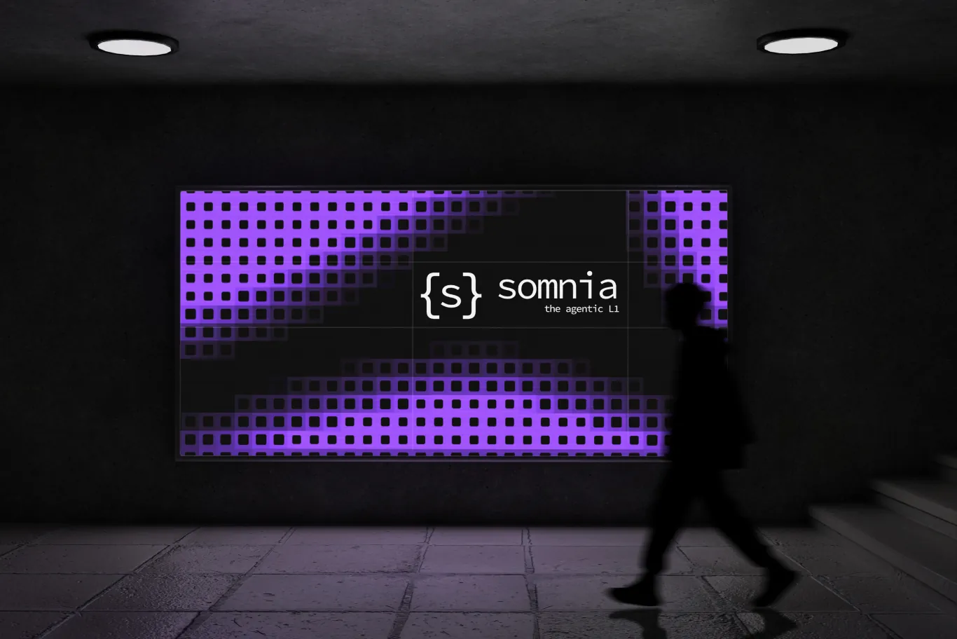 Somnia’s logo on a purple dithered wall, someone walking past